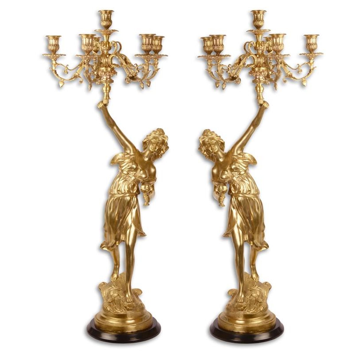 A PAIR OF SIX LIGHT GILT BRONZE CANDELABRA