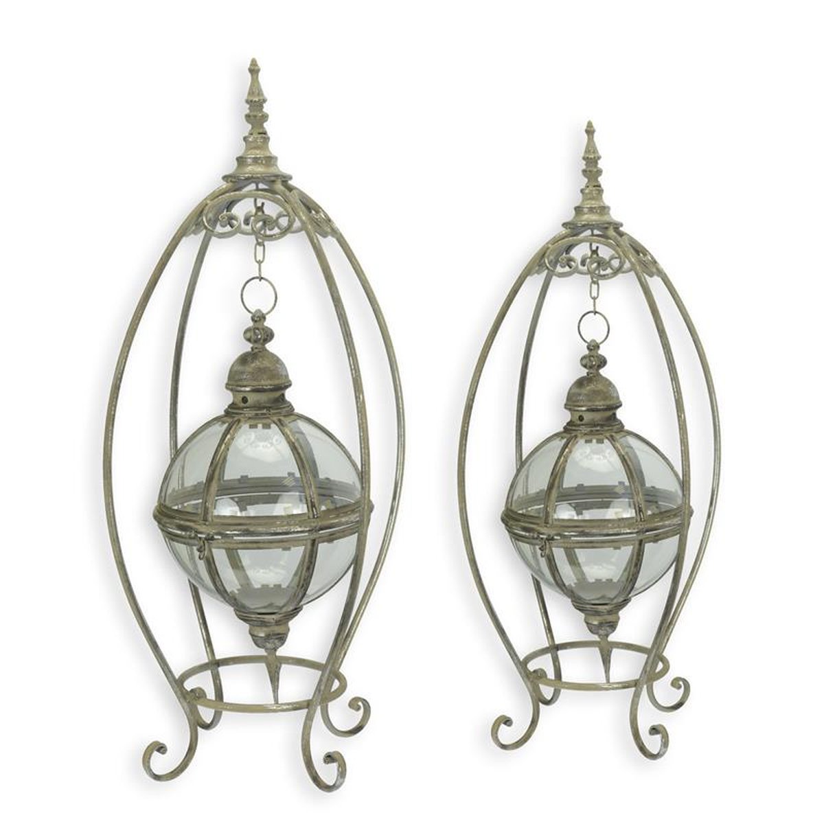 A PAIR OF TIN HANGING LANTERNS ON STAND