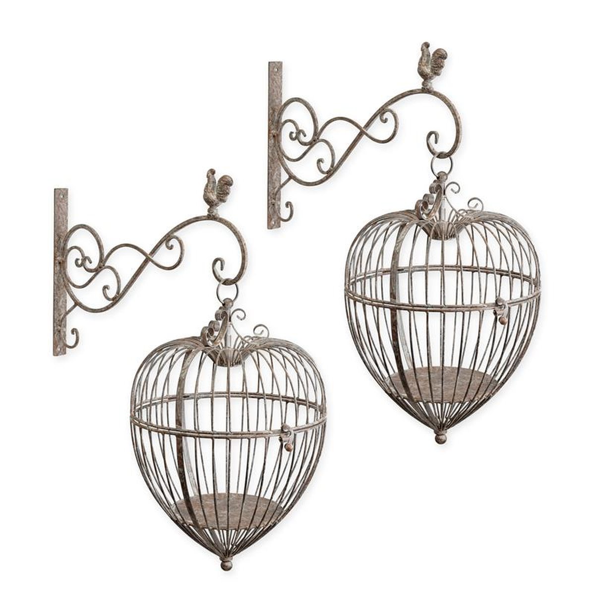 A PAIR OF WALL MOUNT IRON BIRDCAGES