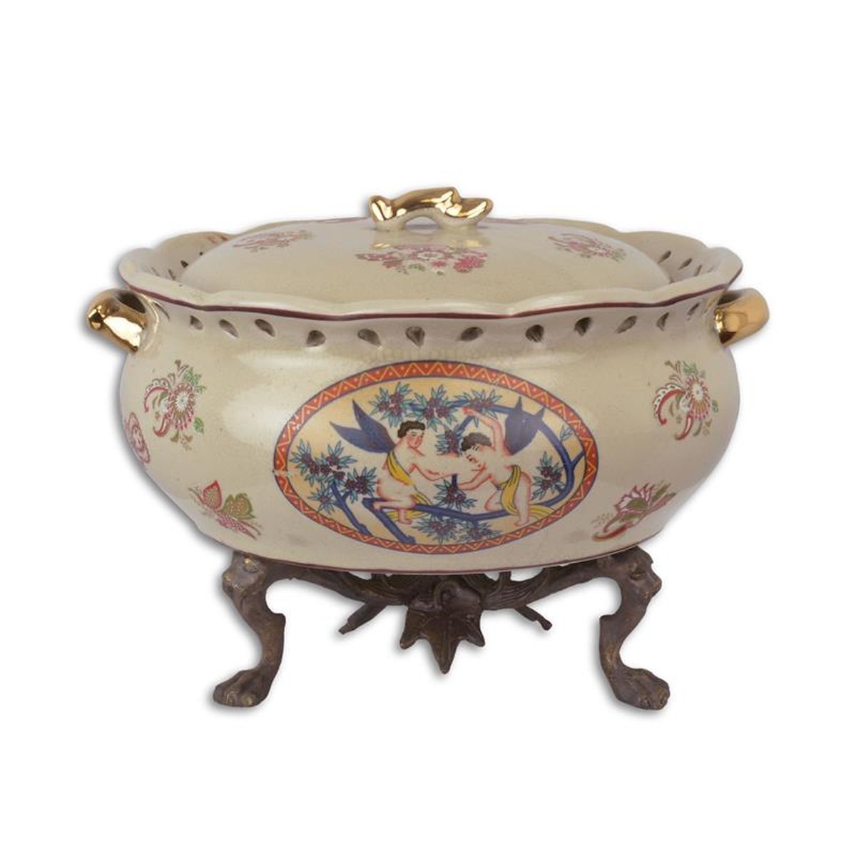 A PORCELAIN BOWL ON BRASS STAND