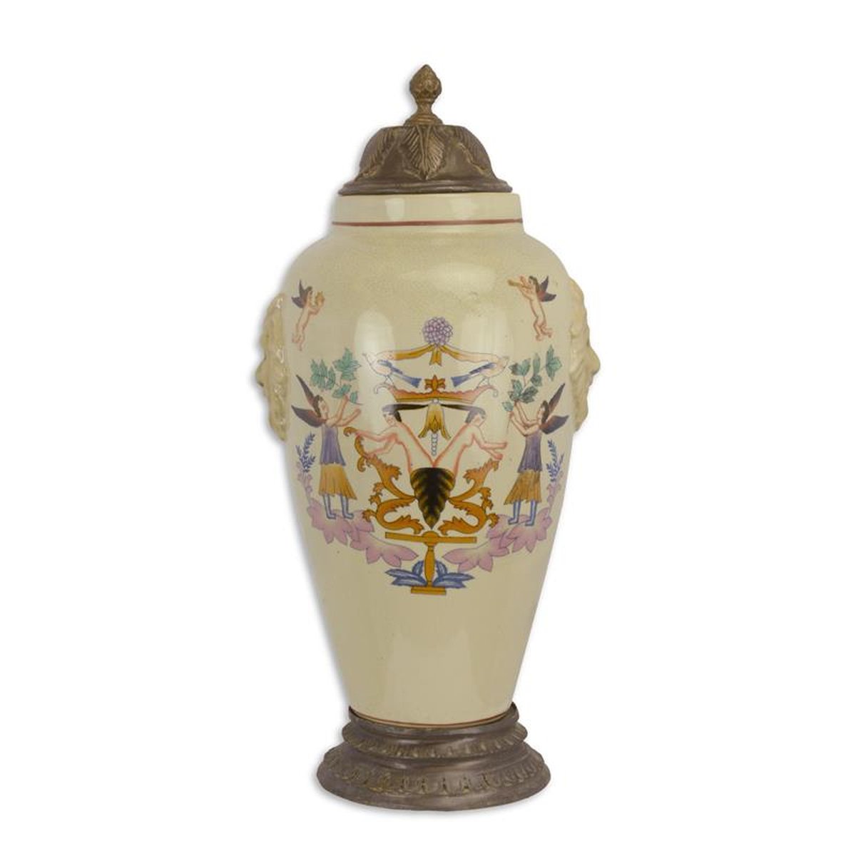 A PORCELAIN JAR AND COVER ON BRASS STAND