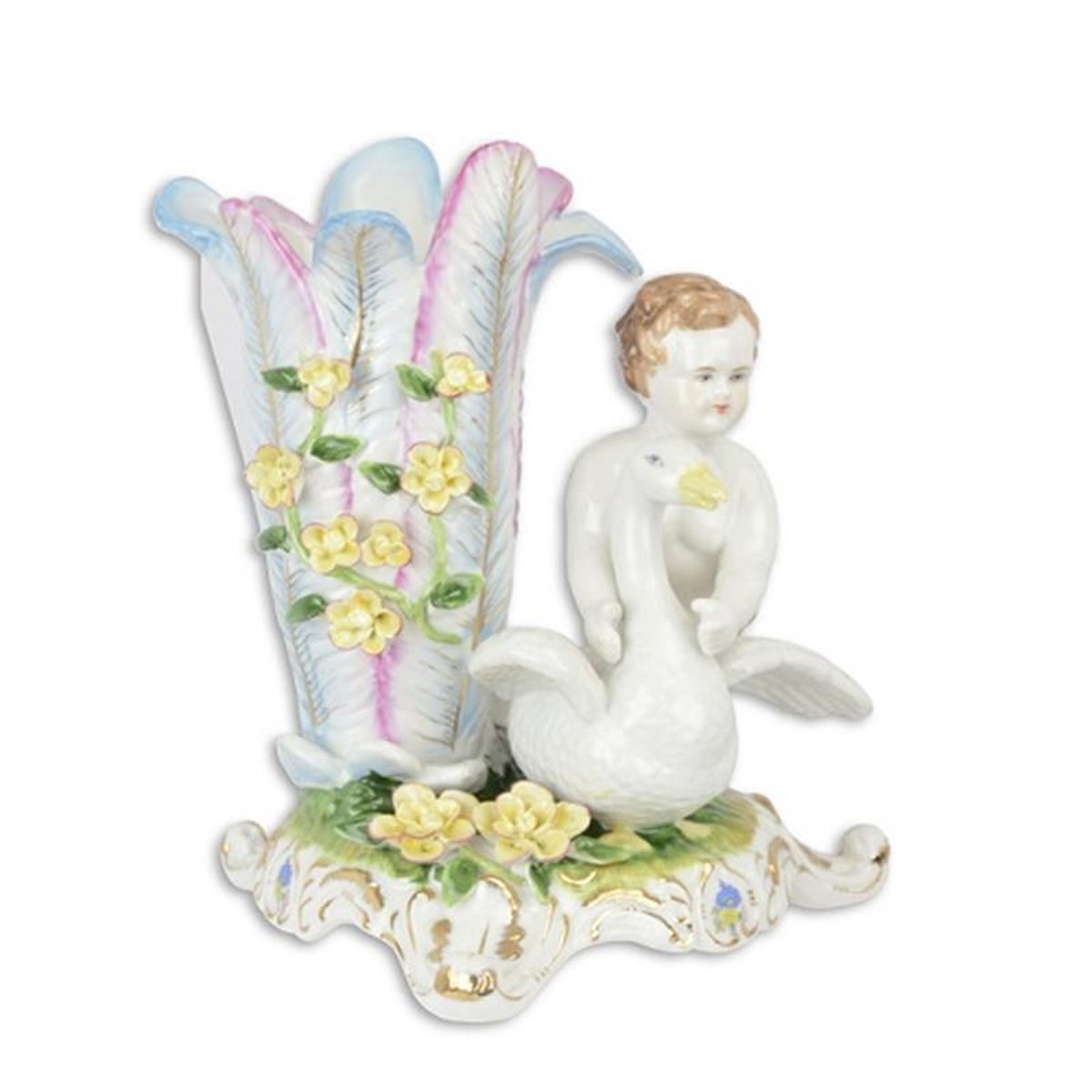 A PORCELAIN SWAN AND CHERUB VASE
