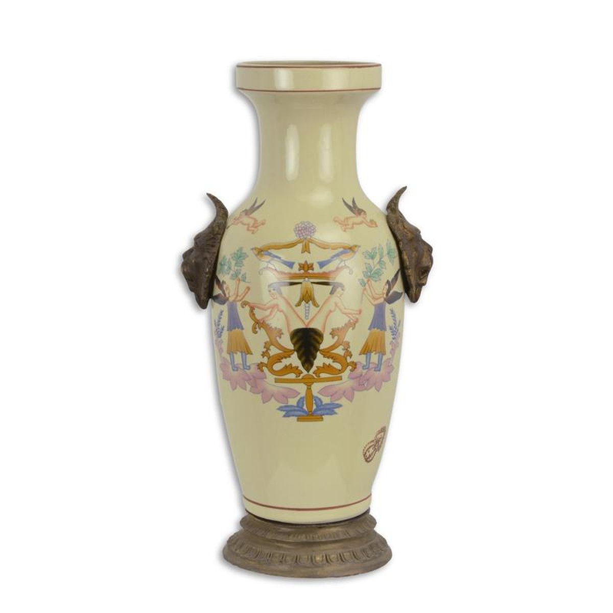 A PORCELAIN VASE ON BRASS STAND