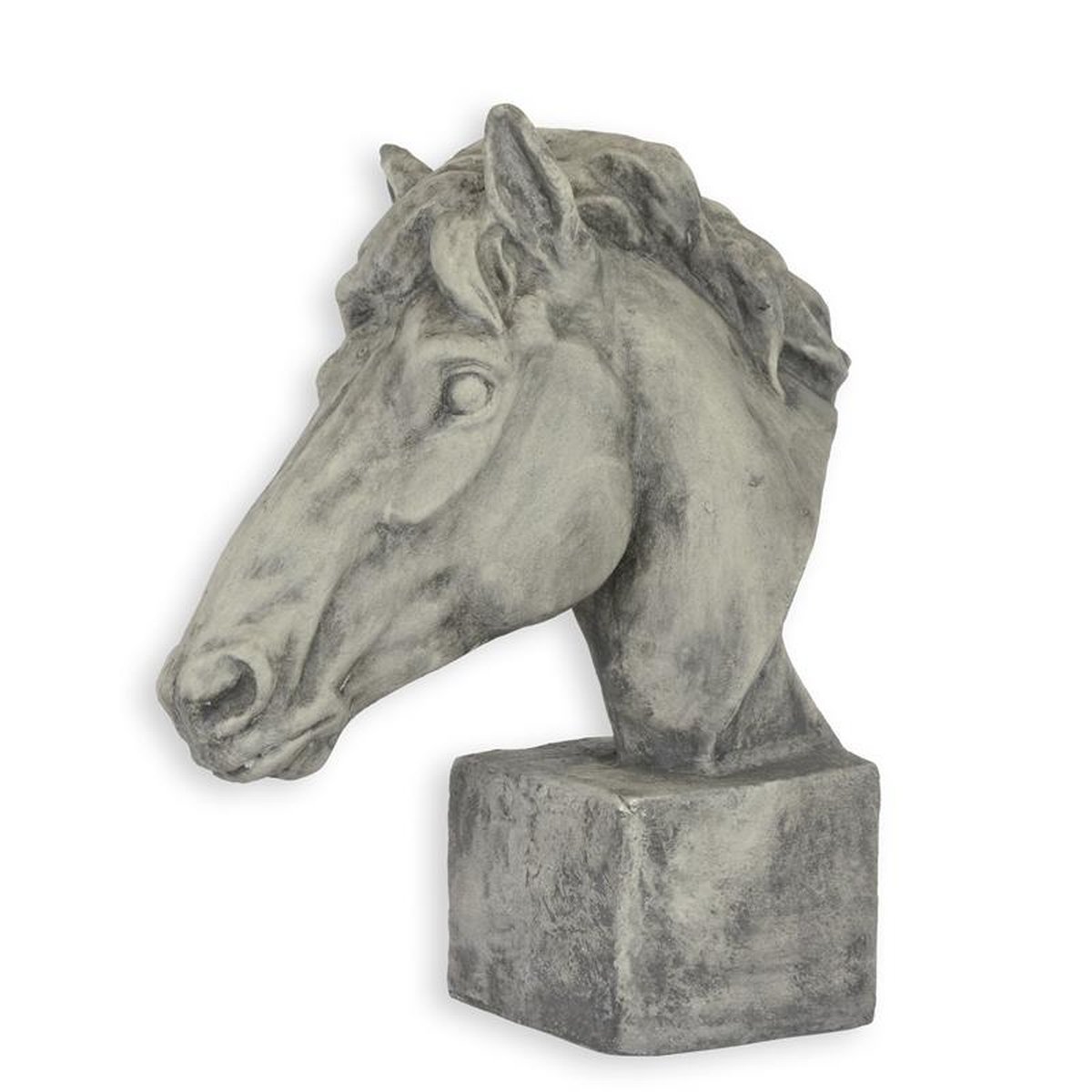 A RESIN AND MGO HORSE HEAD, DARK GREY