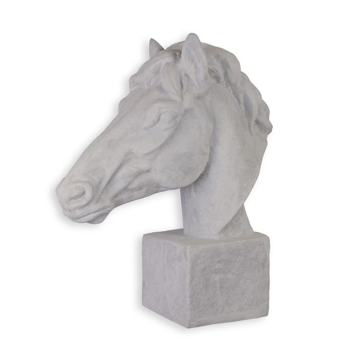 A RESIN AND MGO HORSE HEAD, WHITE