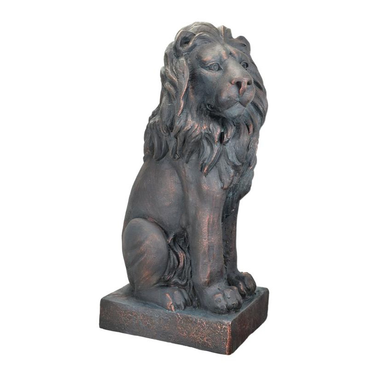 A RESIN AND MGO SCULPTURE OF A SITTING LION - OLD BLACK