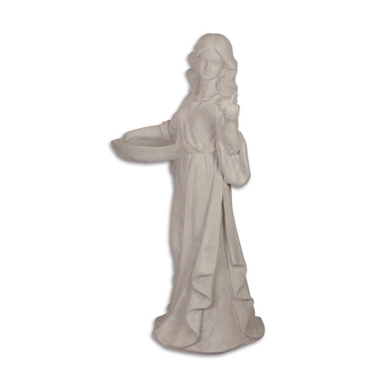 A RESIN AND MGO SCULPTURE OF A WOMAN HOLDING A BIRD BATH
