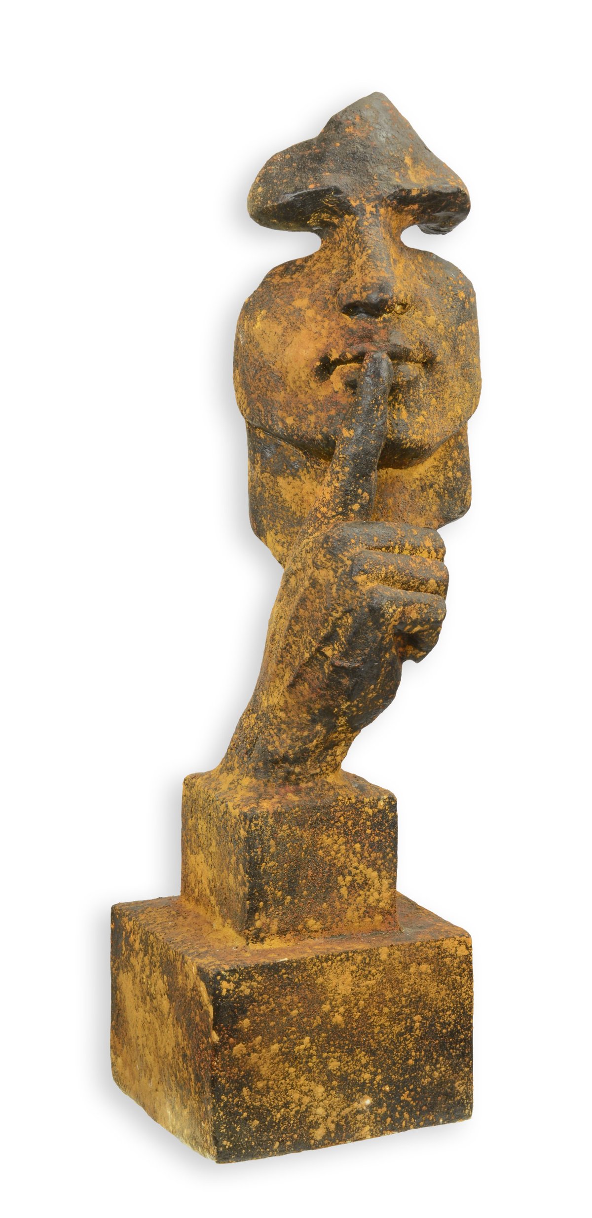 A RESIN AND MGO SPEAK NO EVIL" SCULPTURE - RUSTY FINISH"