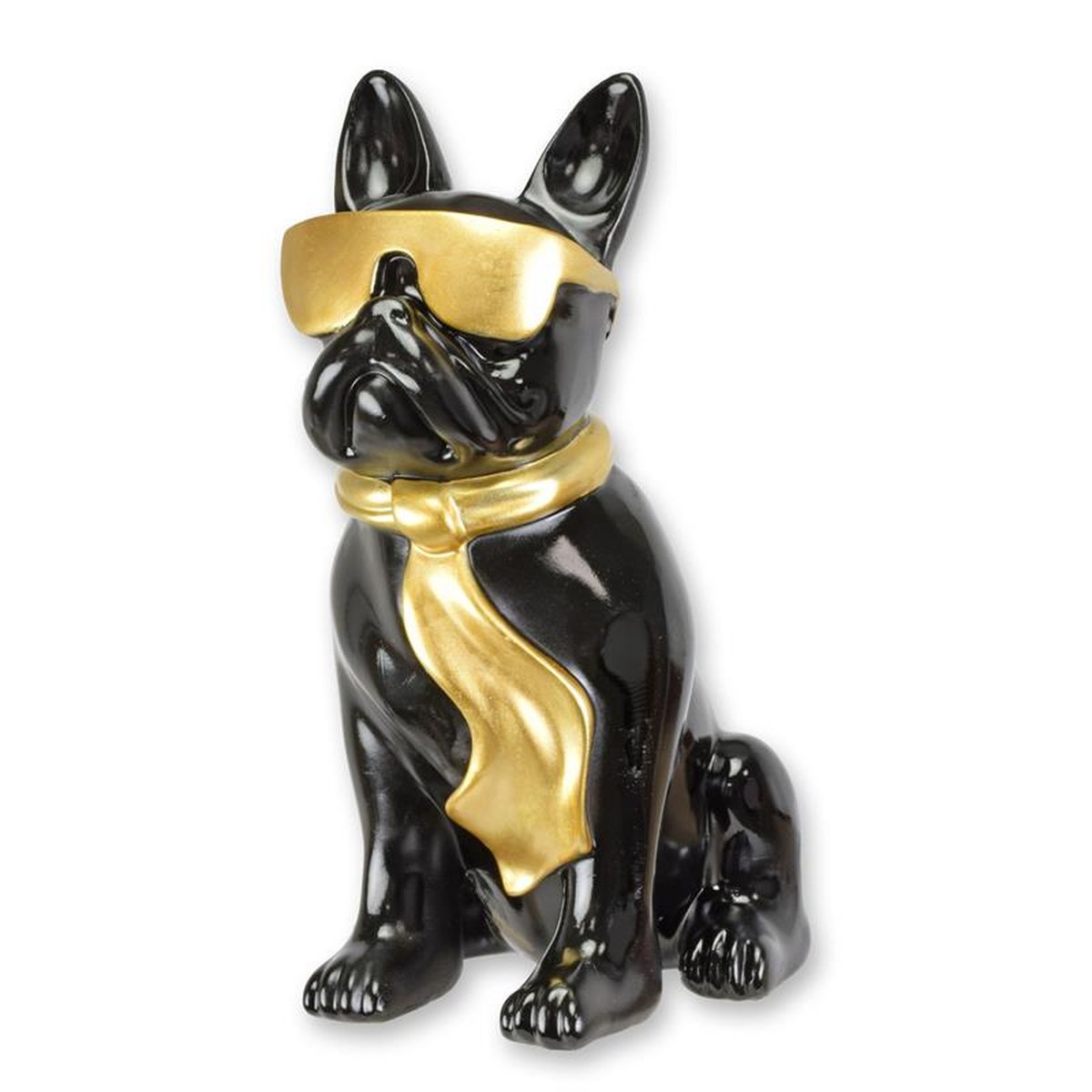 A RESIN BULLDOG WITH SUNGLASSES AND TIE - BLACK & GOLD
