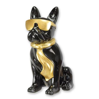 A RESIN BULLDOG WITH SUNGLASSES AND TIE - BLACK & GOLD