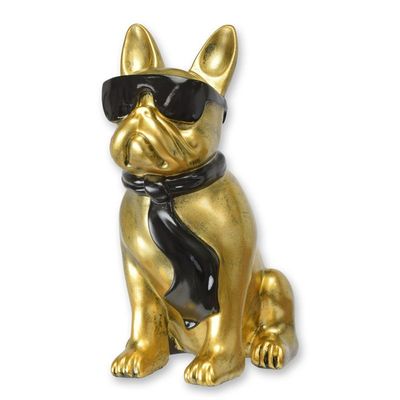A RESIN BULLDOG WITH SUNGLASSES AND TIE - BRONZE