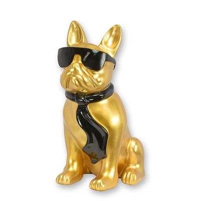 A RESIN BULLDOG WITH SUNGLASSES AND TIE - GOLD