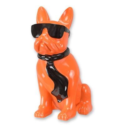 A RESIN BULLDOG WITH SUNGLASSES AND TIE - ORANGE