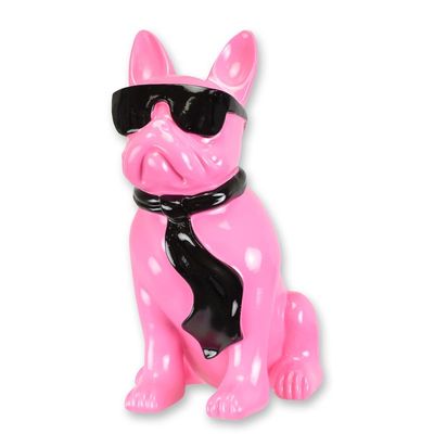 A RESIN BULLDOG WITH SUNGLASSES AND TIE - PINK