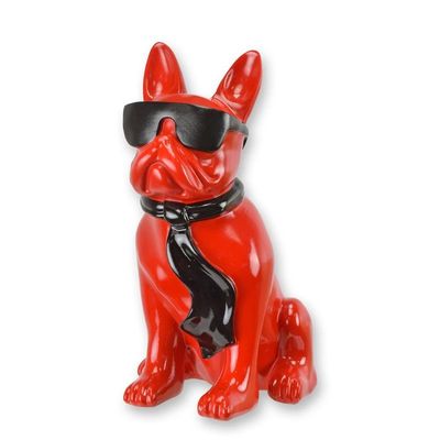 A RESIN BULLDOG WITH SUNGLASSES AND TIE - RED