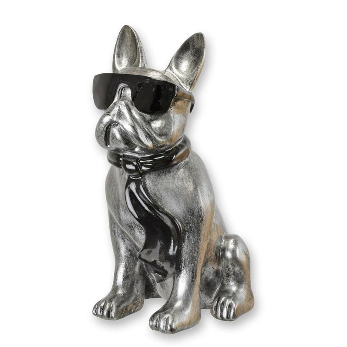 A RESIN BULLDOG WITH SUNGLASSES AND TIE - SILVER