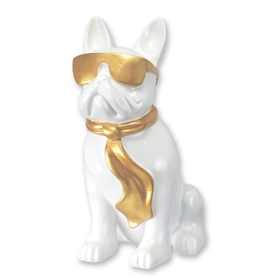 A RESIN BULLDOG WITH SUNGLASSES AND TIE - WHITE & GOLD