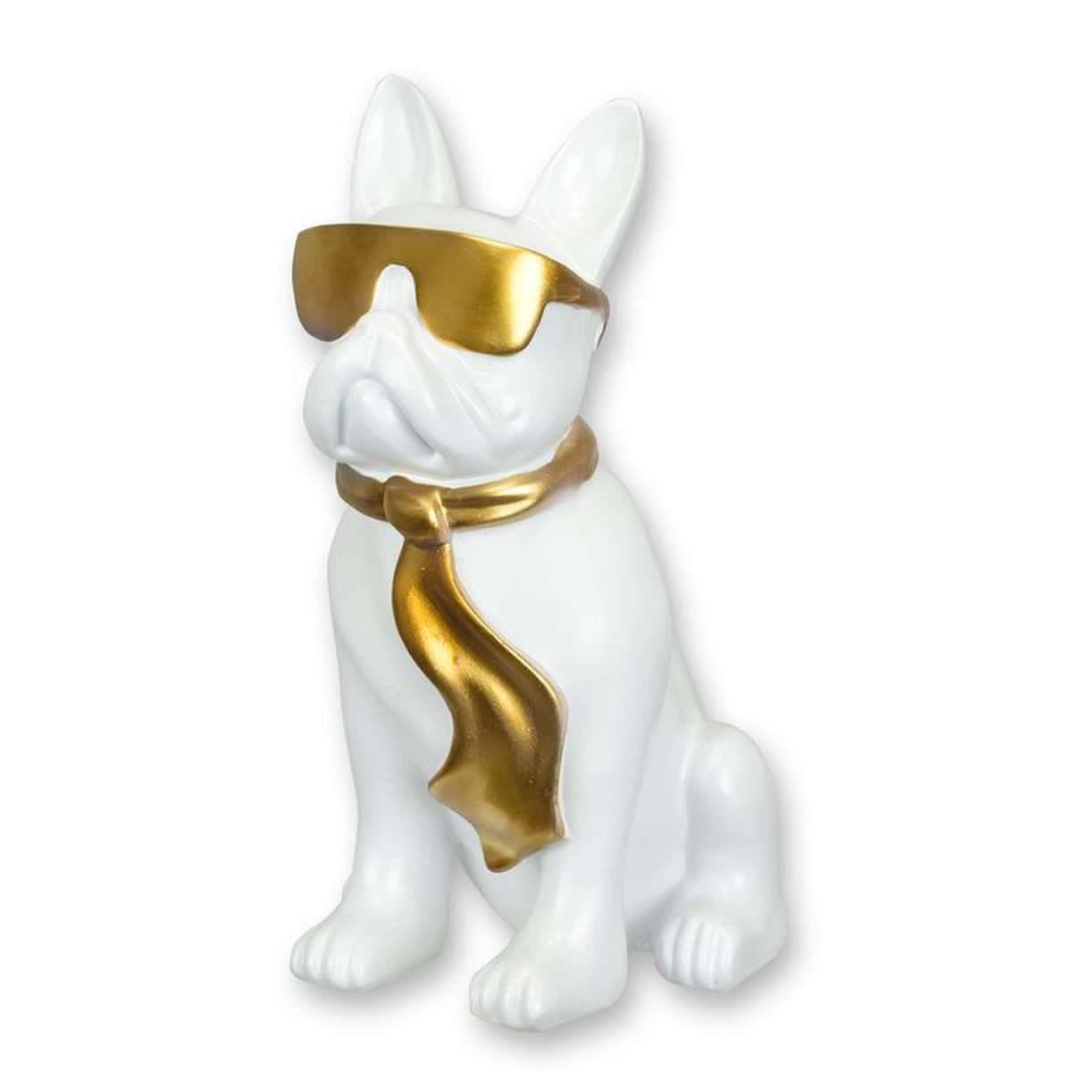 A RESIN BULLDOG WITH SUNGLASSES AND TIE - WHITE