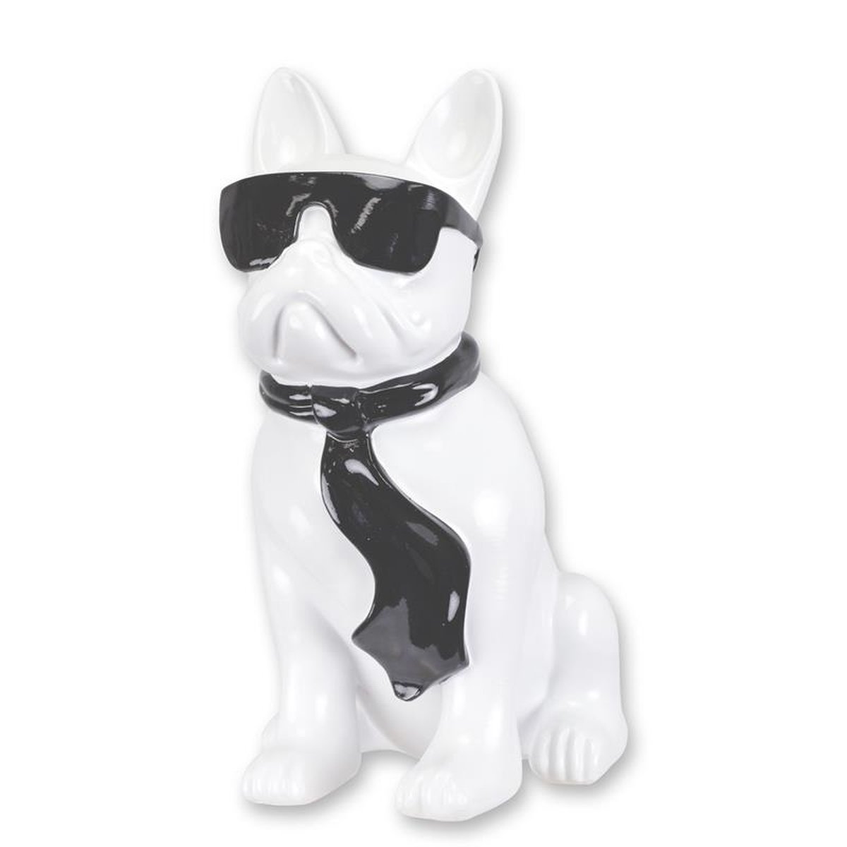 A RESIN BULLDOG WITH SUNGLASSES AND TIE - WHITE
