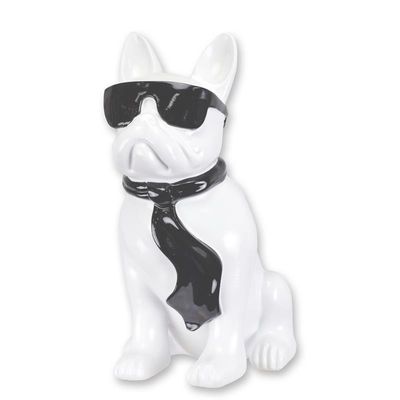 A RESIN BULLDOG WITH SUNGLASSES AND TIE - WHITE