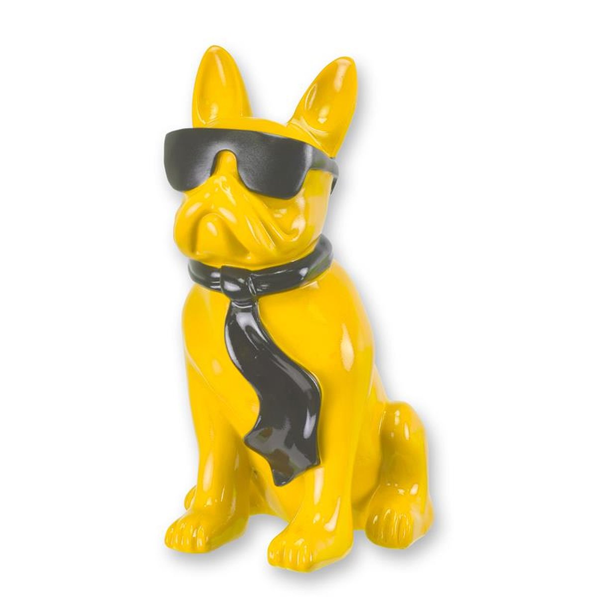 A RESIN BULLDOG WITH SUNGLASSES AND TIE - YELLOW