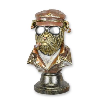 A RESIN BUST OF A DRESSED ENGLISH BULLDOG SMOKING A CIGAR