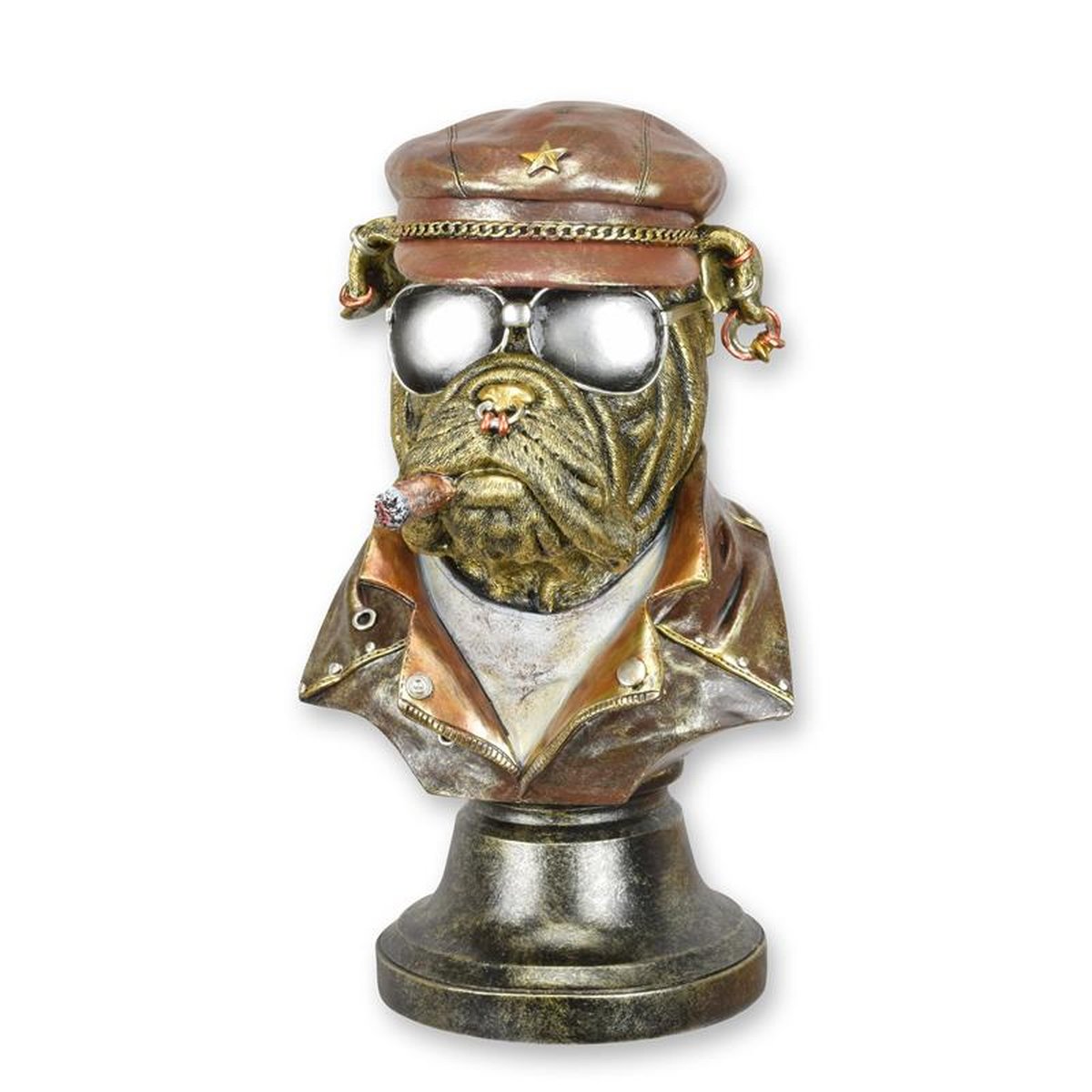 A RESIN BUST OF A DRESSED ENGLISH BULLDOG SMOKING A CIGAR