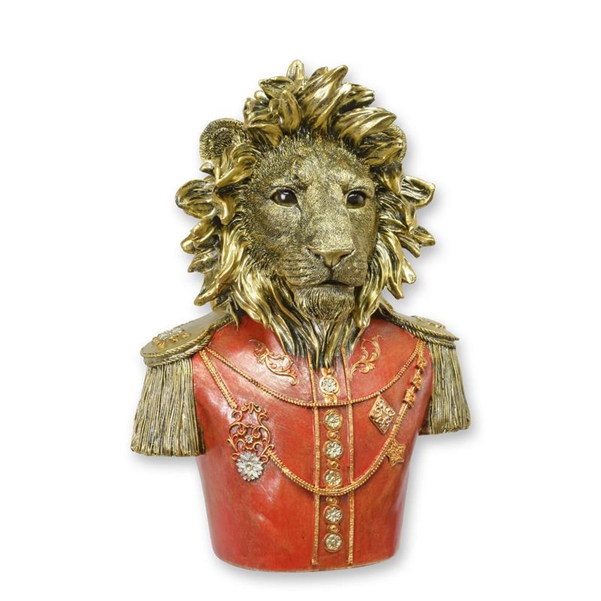 A RESIN BUST OF A DRESSED LION