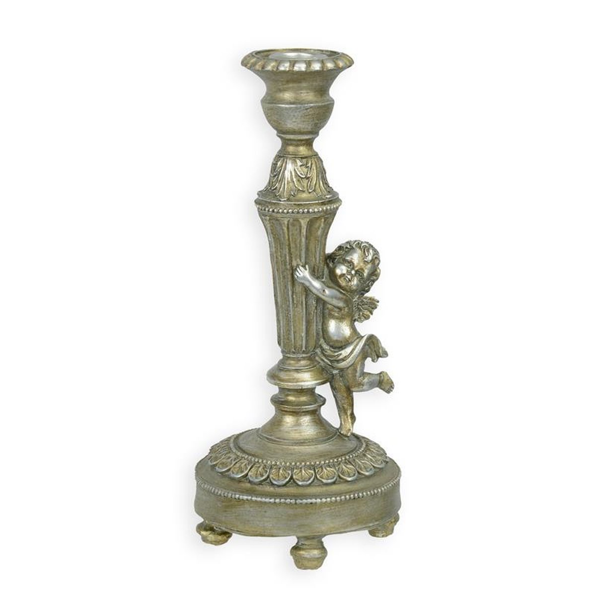 A RESIN CANDLE-STICK MOUNTED WITH A PUTTO