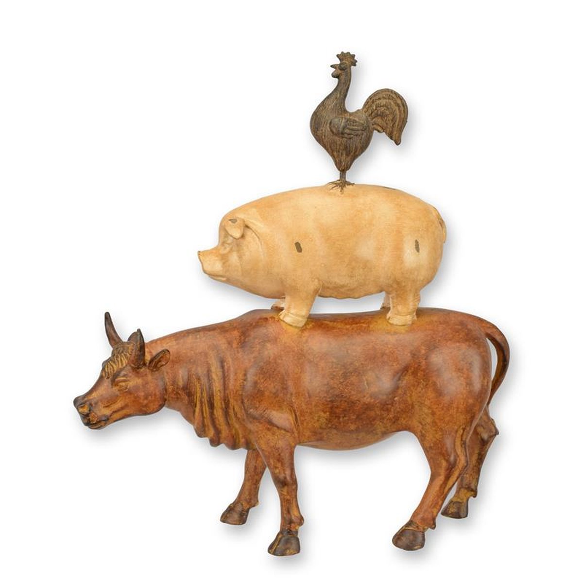 A RESIN COW, PIG AND ROOSTER FARM STACK