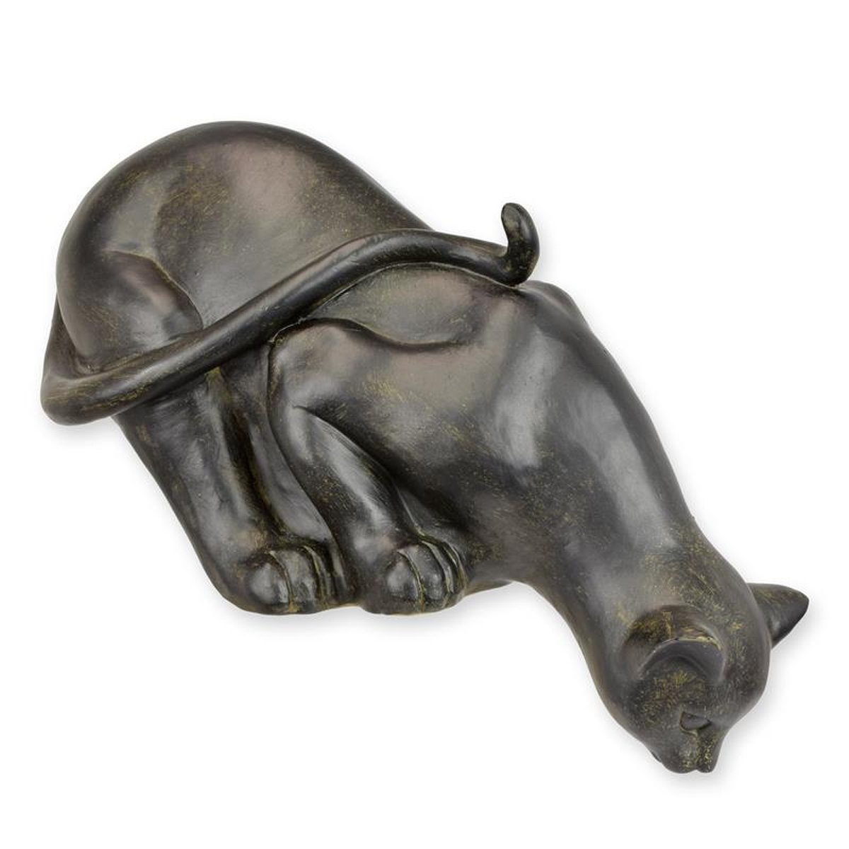 A RESIN FIGURINE OF A CAT LOOKING DOWN