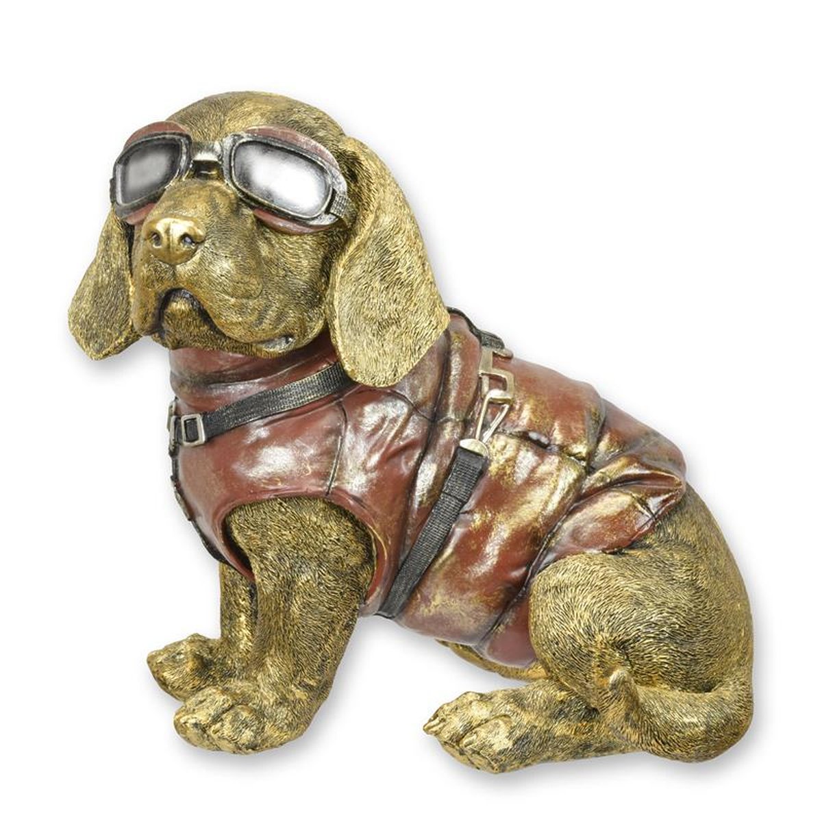 A RESIN FIGURINE OF A DACHSHUND PUPPY DRESSED AS A PILOT