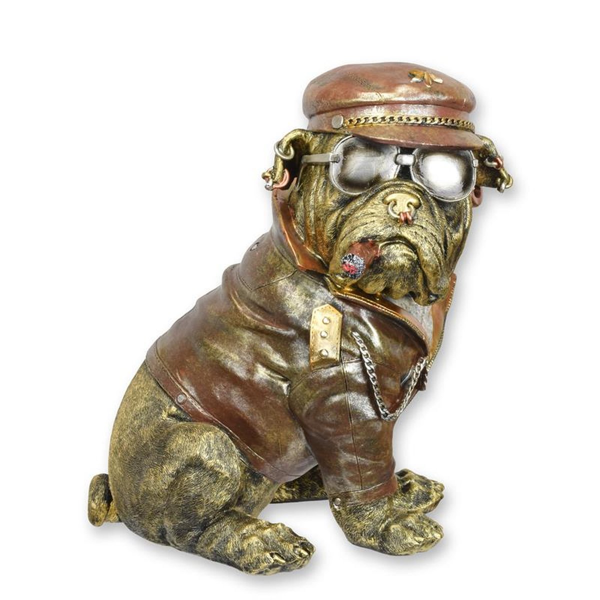 A RESIN FIGURINE OF A DRESSED ENGLISH BULLDOG WITH CIGAR