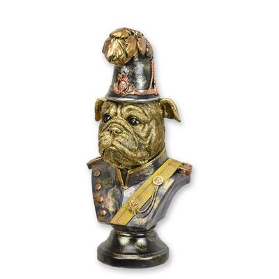 A RESIN FIGURINE OF A FRENCH BULLDOG DRESSED AS A BOBBY