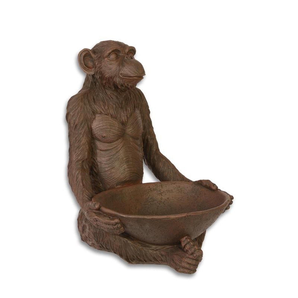 A RESIN FIGURINE OF A SEATED MONKEY WITH FRUITBOWL
