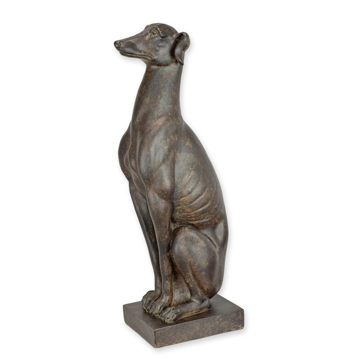 A RESIN FIGURINE OF A SITTING GREYHOUND