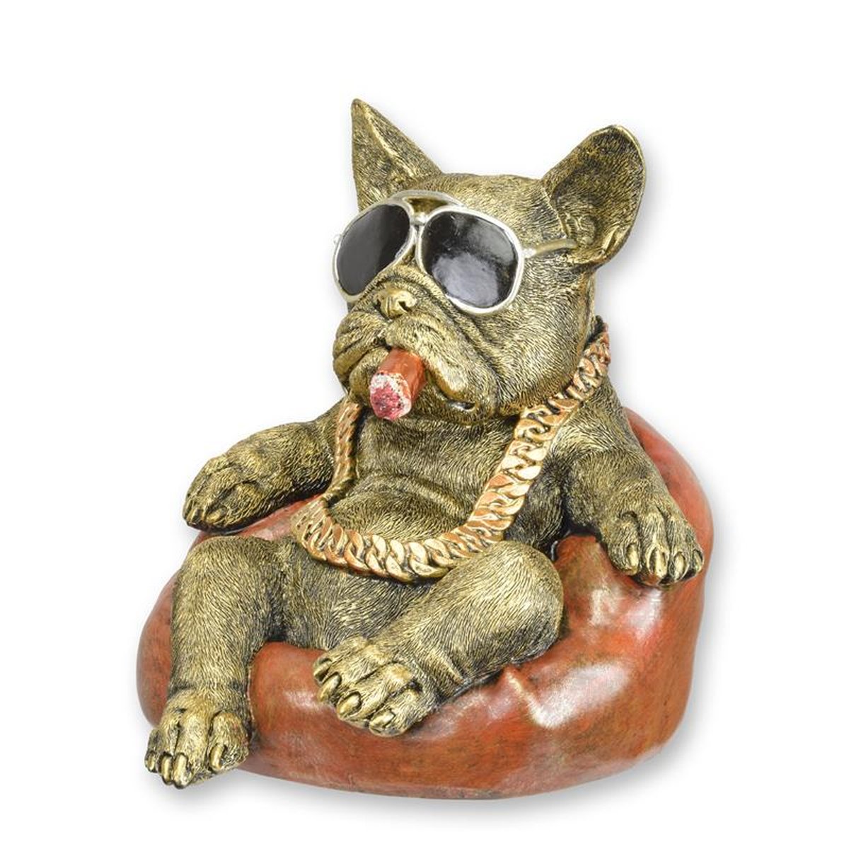 A RESIN FIGURINE OF A SUN BATHING BULLDOG