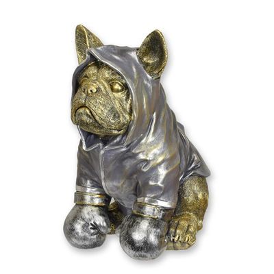 A RESIN FIGURINE OF AN ENGLISH BULLDOG DRESSED AS A BOXER