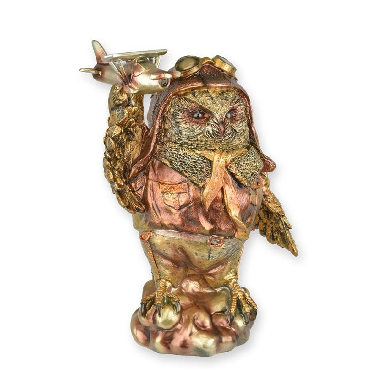 A RESIN FIGURINE OF AN OWL DRESSED AS PILOT