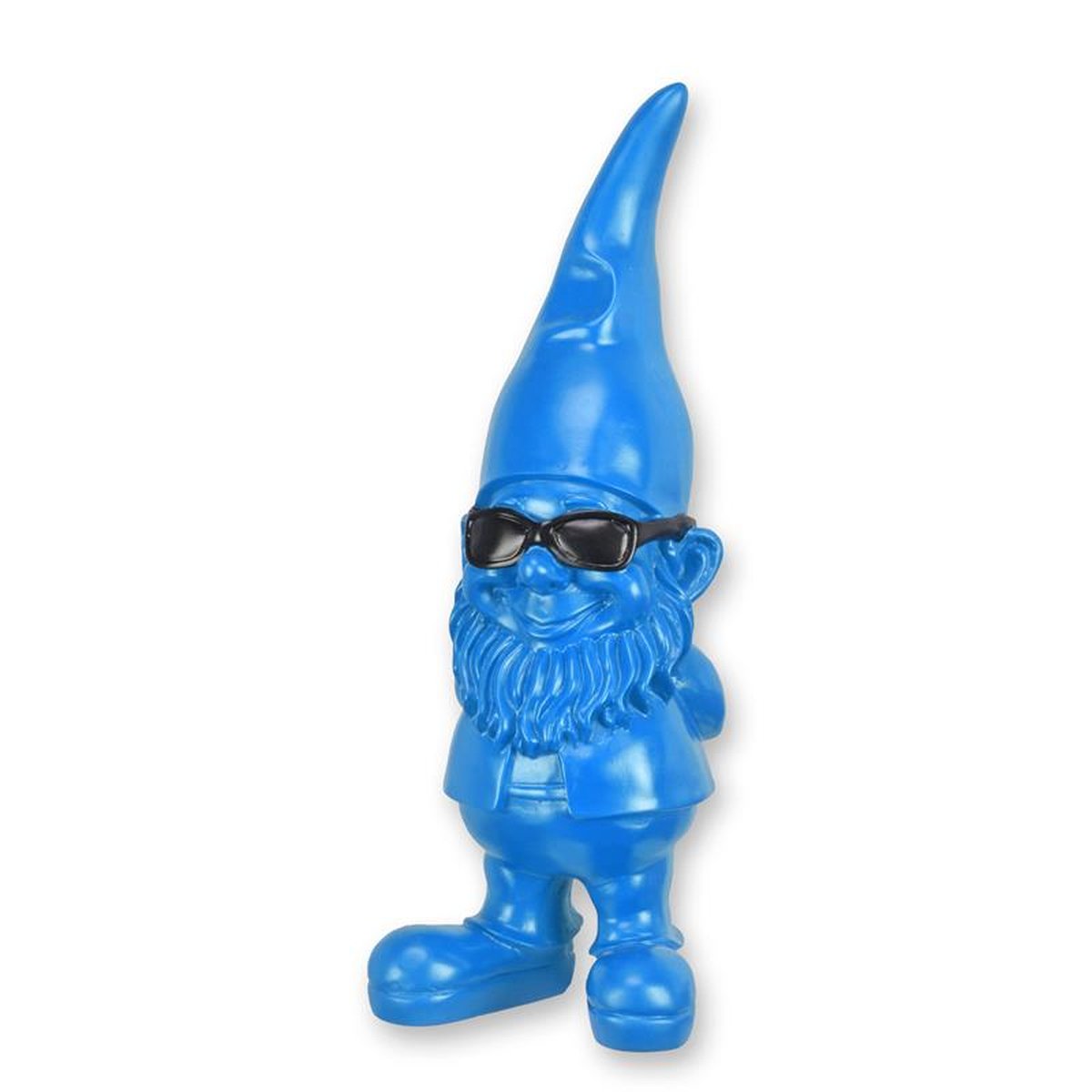 A RESIN GARDEN GNOME WITH SUNGLASSES - BLUE