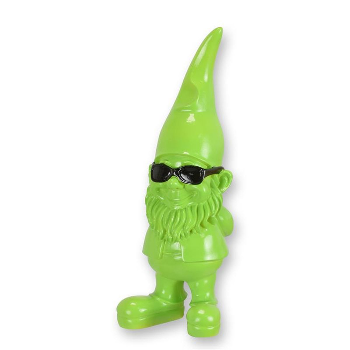 A RESIN GARDEN GNOME WITH SUNGLASSES - GREEN