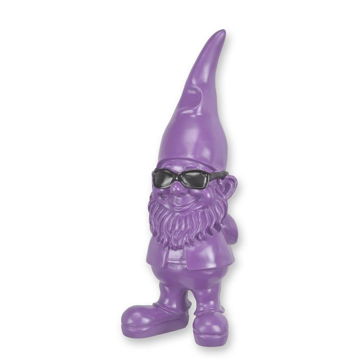 A RESIN GARDEN GNOME WITH SUNGLASSES - PURPLE