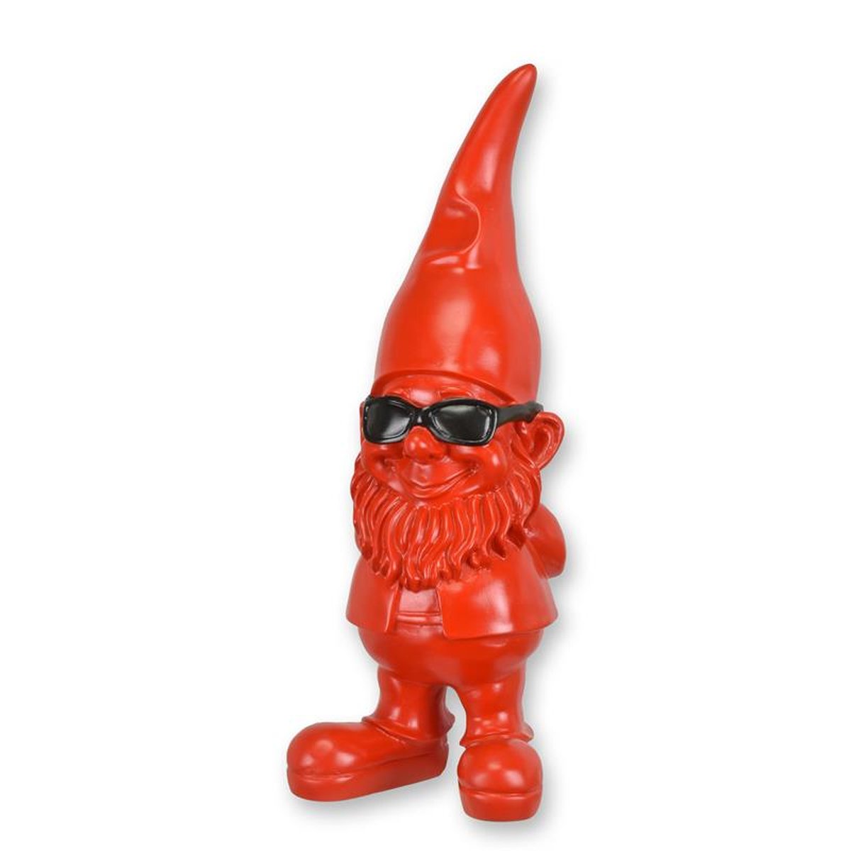 A RESIN GARDEN GNOME WITH SUNGLASSES - RED