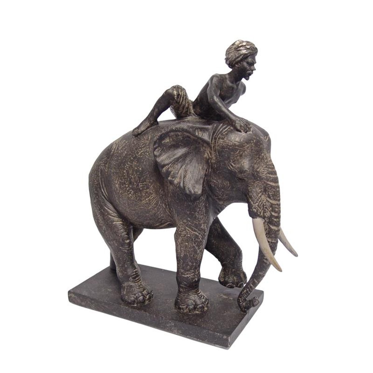 A RESIN GROUP OF AN ELEPHANT WITH RIDER