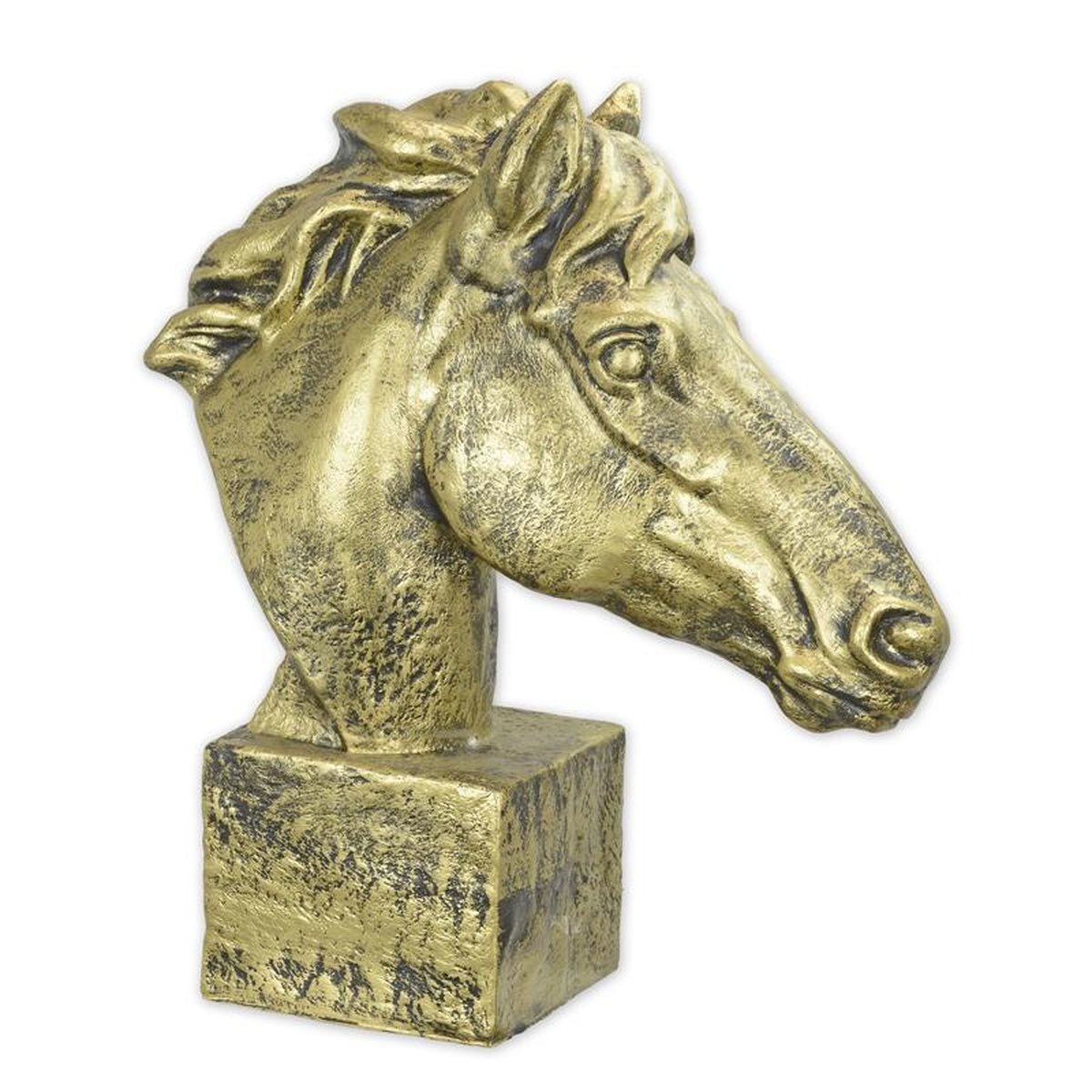 A RESIN HORSE HEAD - OLD GOLD