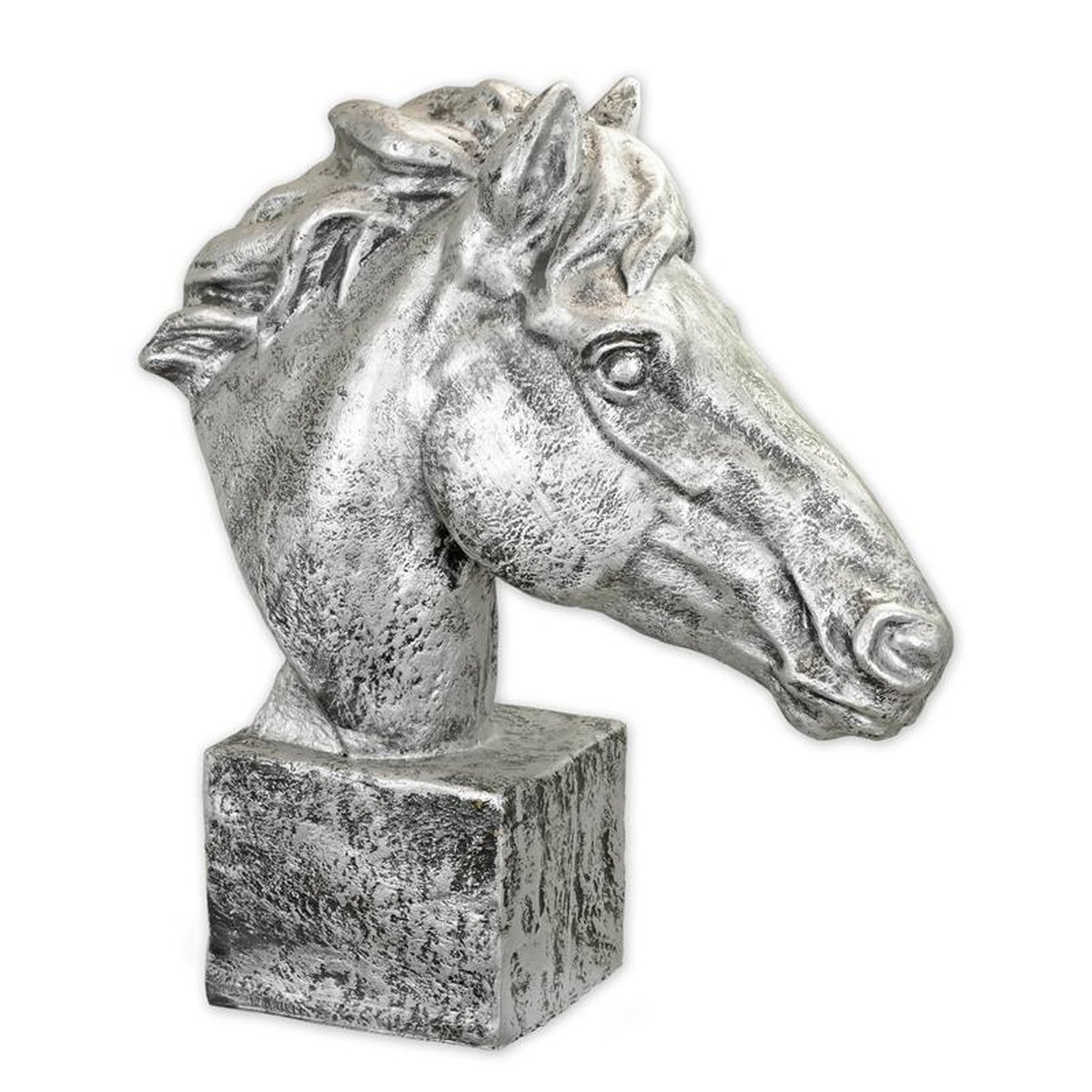 A RESIN HORSE HEAD - OLD SILVER