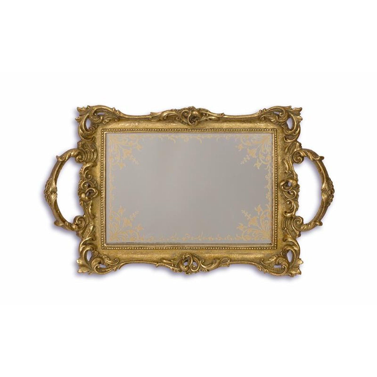 A RESIN MIRROR TRAY, ANTIQUE GOLD