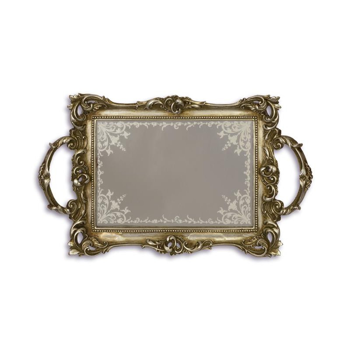 A RESIN MIRROR TRAY, ANTIQUE SILVER