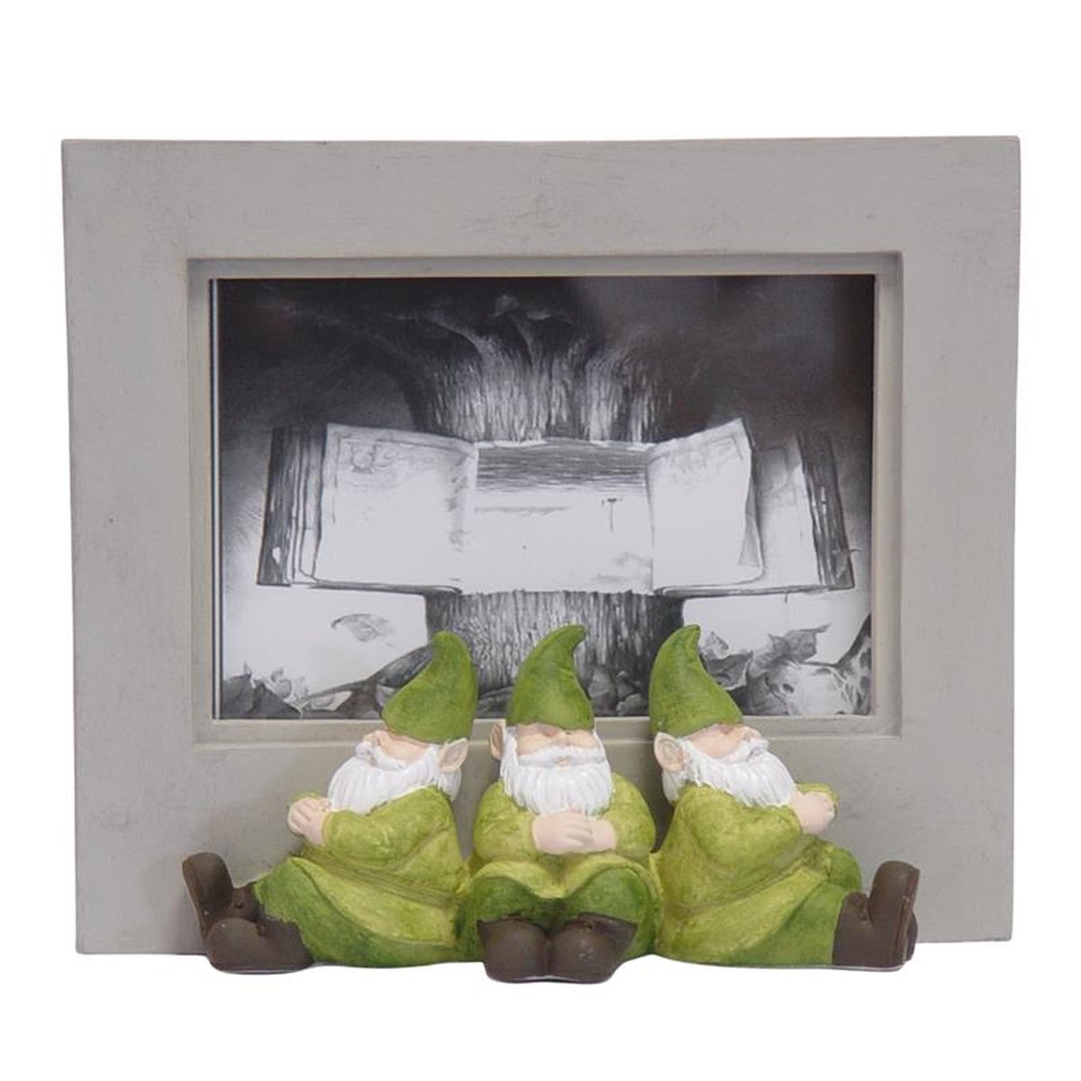 A RESIN PHOTO FRAME FLANKED BY 3 SITTING GNOMES