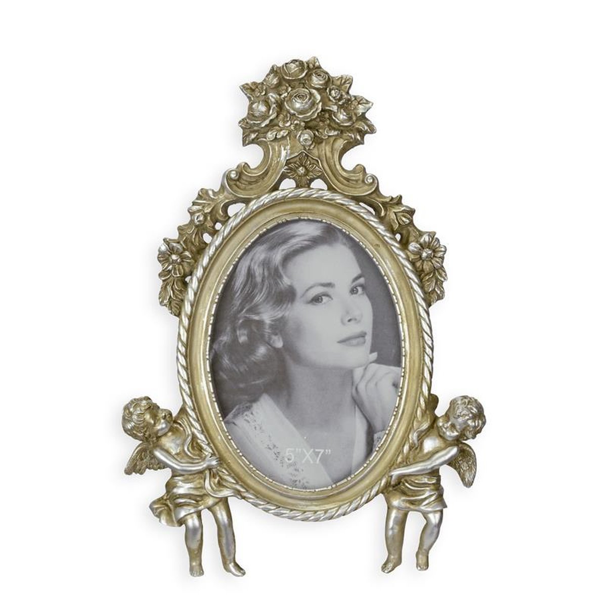 A RESIN PHOTO FRAME FLANKED BY TWO PUTTI